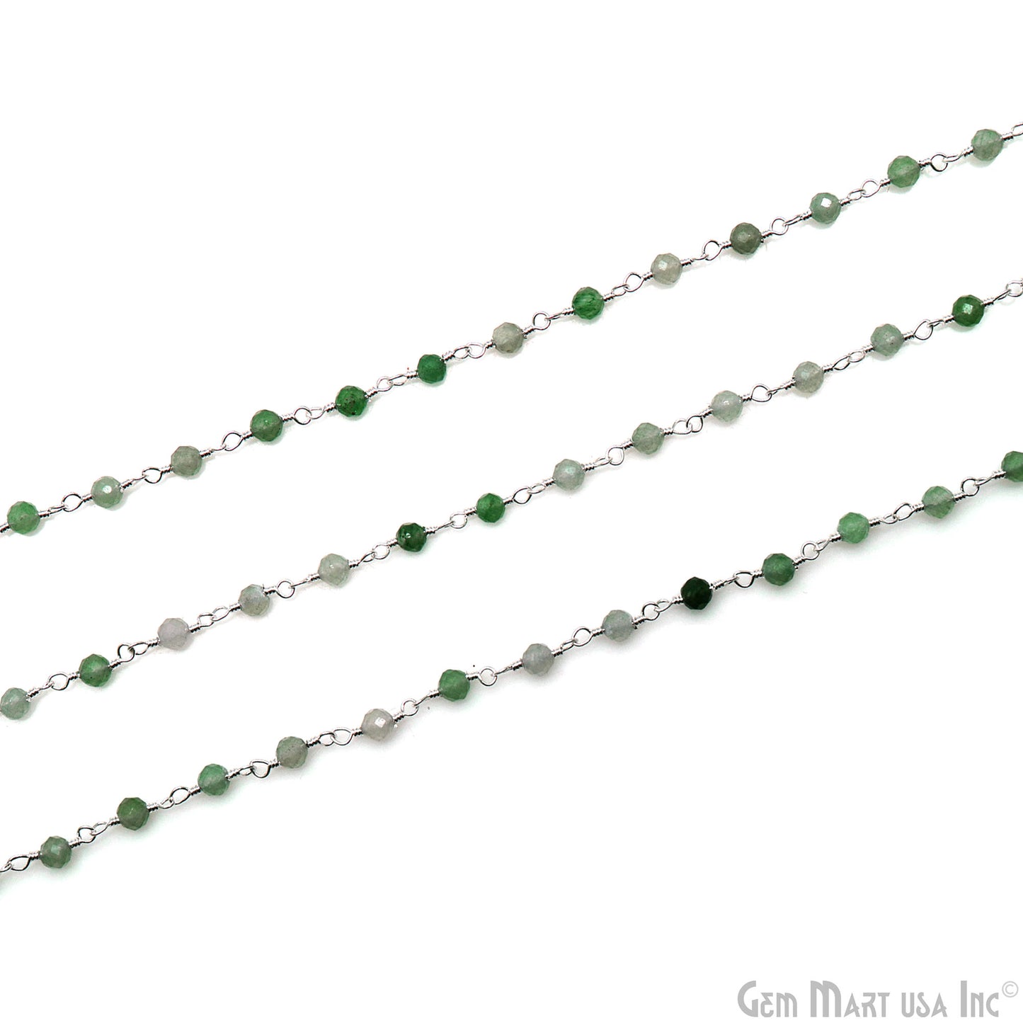 Shaded Green Rutile Faceted 3-3.5mm Silver Plated Beaded Wire Wrapped Rosary Chain