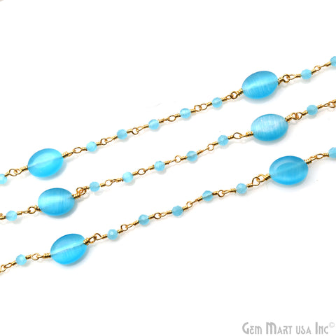 Turquoise Blue Monalisa 10x7mm Smooth Tumble Beads & 2.5-3mm Round Beads Gold Plated Rosary