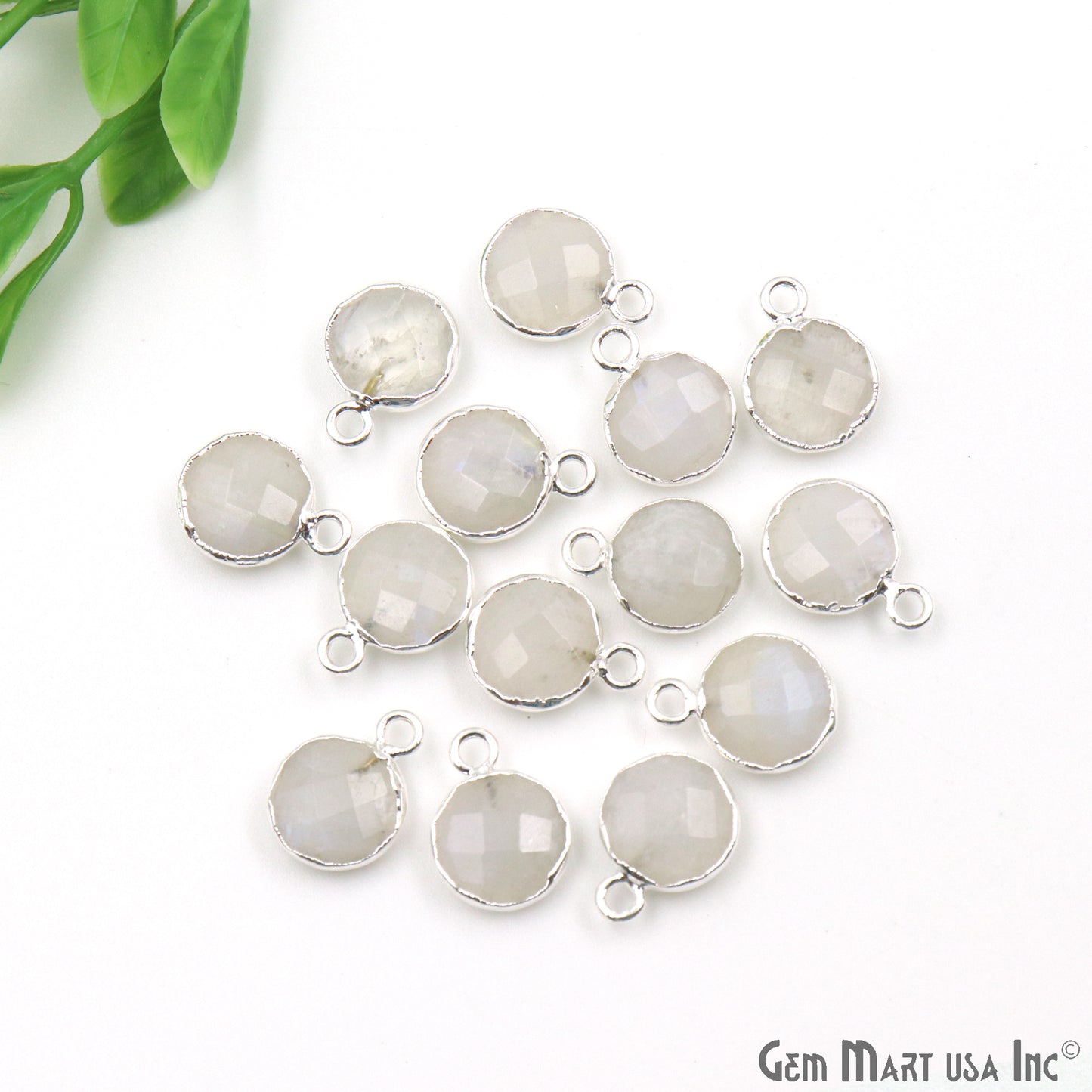 Rainbow Moonstone 10mm Round Single Bail Silver Electroplated Gemstone Connector