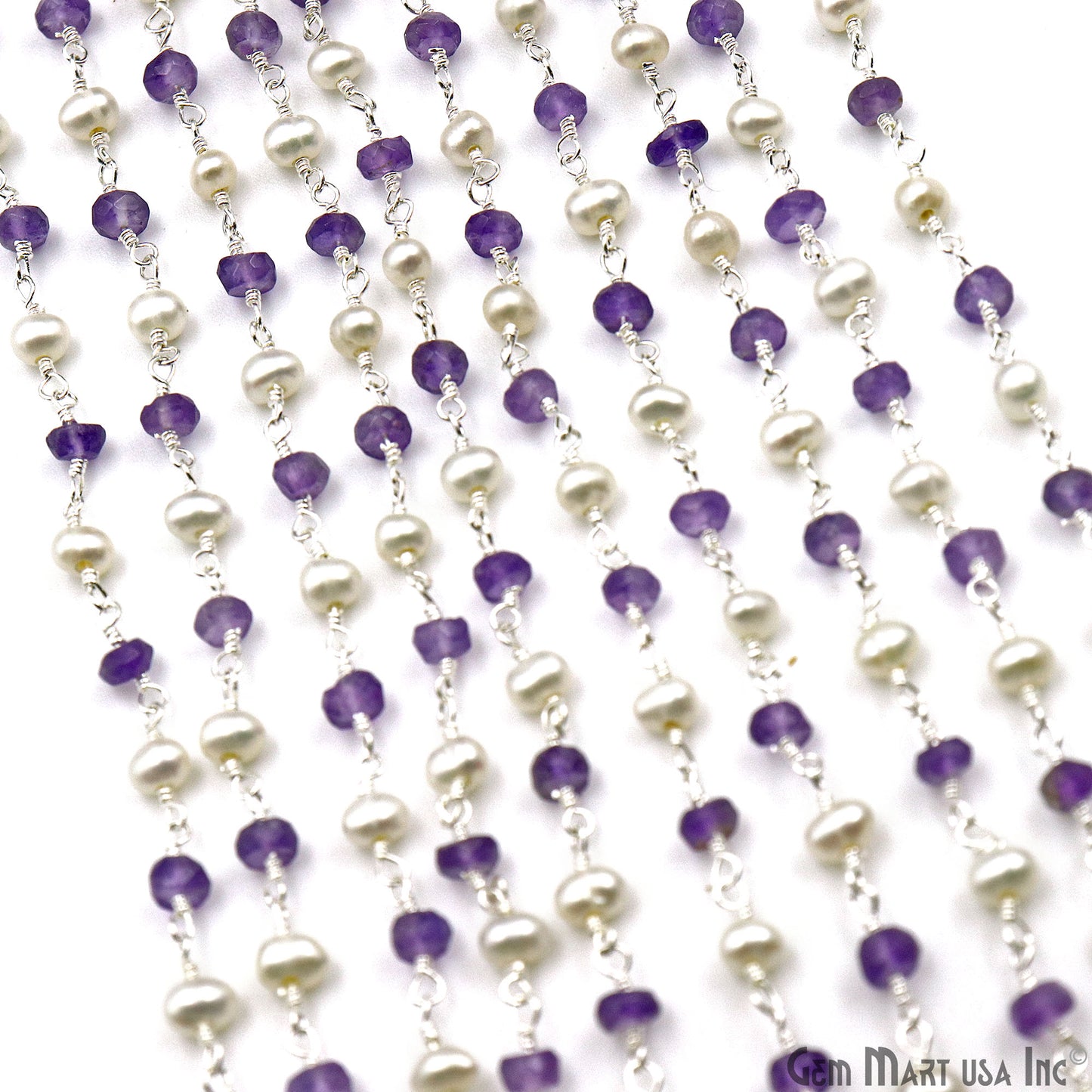 Amethyst With Pearl 3-3.5mm Silver Plated Wire Wrapped Rosary Chain