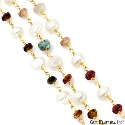 Multi Tourmaline & Pearl Gold Plated Wire Wrapped Rosary Chain