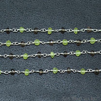 Smoky Topaz With Peridot 3-3.5mm, Silver Plated Wire Wrapped Rosary Chain