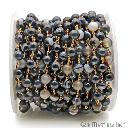 Black Onyx Smooth Beads Gold Plated Wire Wrapped Gemstone Rosary Chain - GemMartUSA