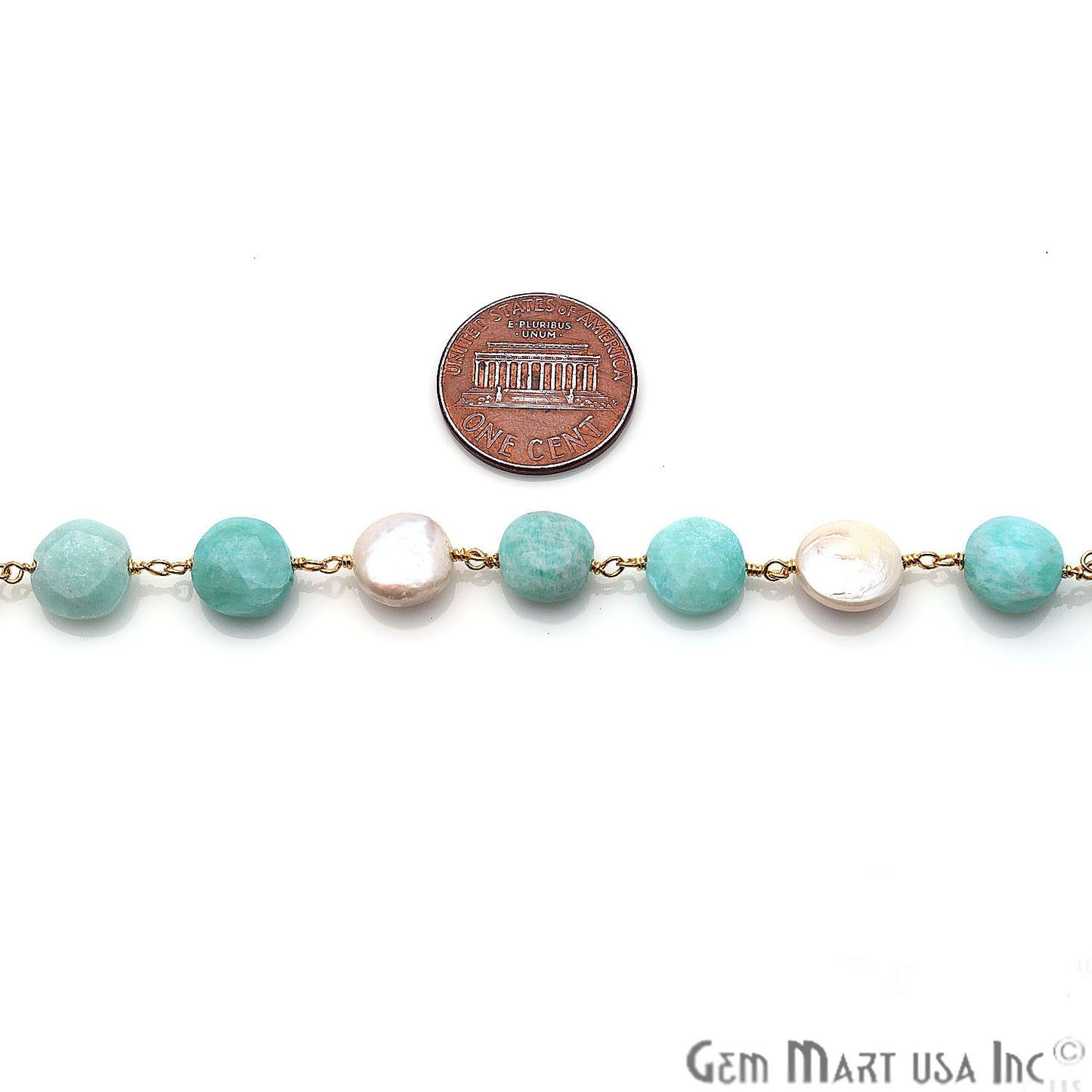 Amazonite & Pearl Round Rough Beads Gold Plated Rosary Chain - GemMartUSA
