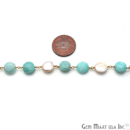 Amazonite & Pearl Round Rough Beads Gold Plated Rosary Chain - GemMartUSA