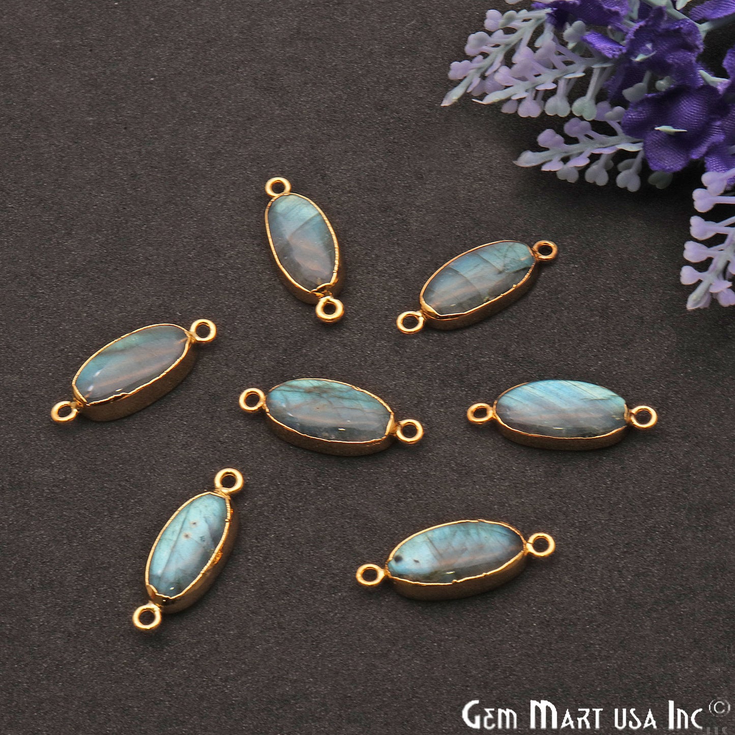 Flashy Labradorite Oval Shape Gold Edge 25x8mm Double Bail Connector - GemMartUSA