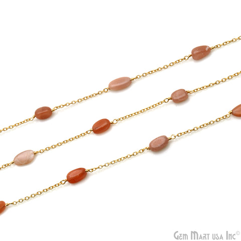 Peach Moonstone Tumble Beads 10x6mm Gold Wire Wrapped Rosary Chain