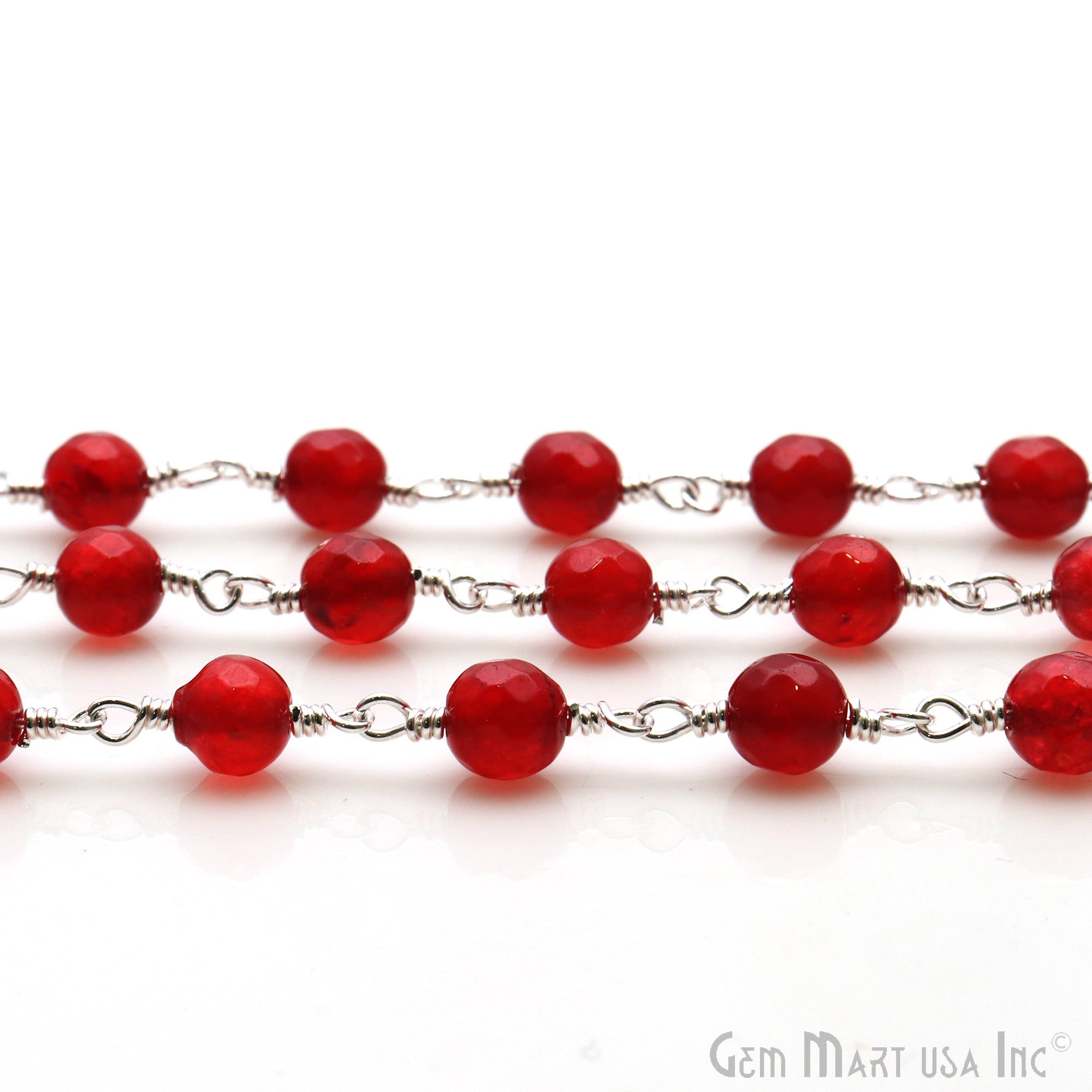 Red Jade Faceted 6mm Silver Wire Wrapped Rosary Chain