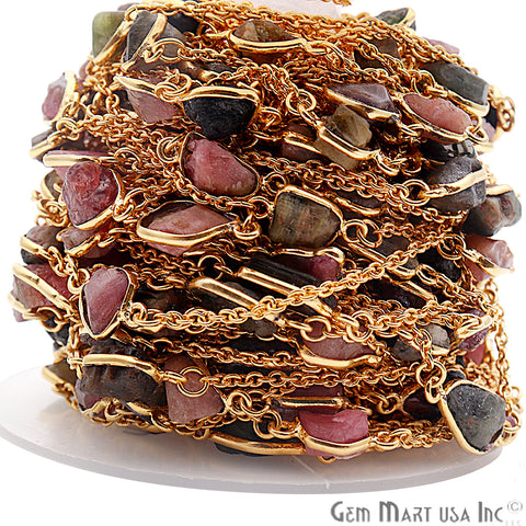 Multi Color Rough Gemstone Gold Plated Bezel Link Connector Chain - GemMartUSA