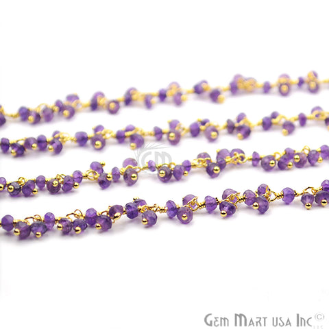 Amethyst Round Faceted Gold Plated Cluster Beads Wire Wrapped Rosary Chain - GemMartUSA