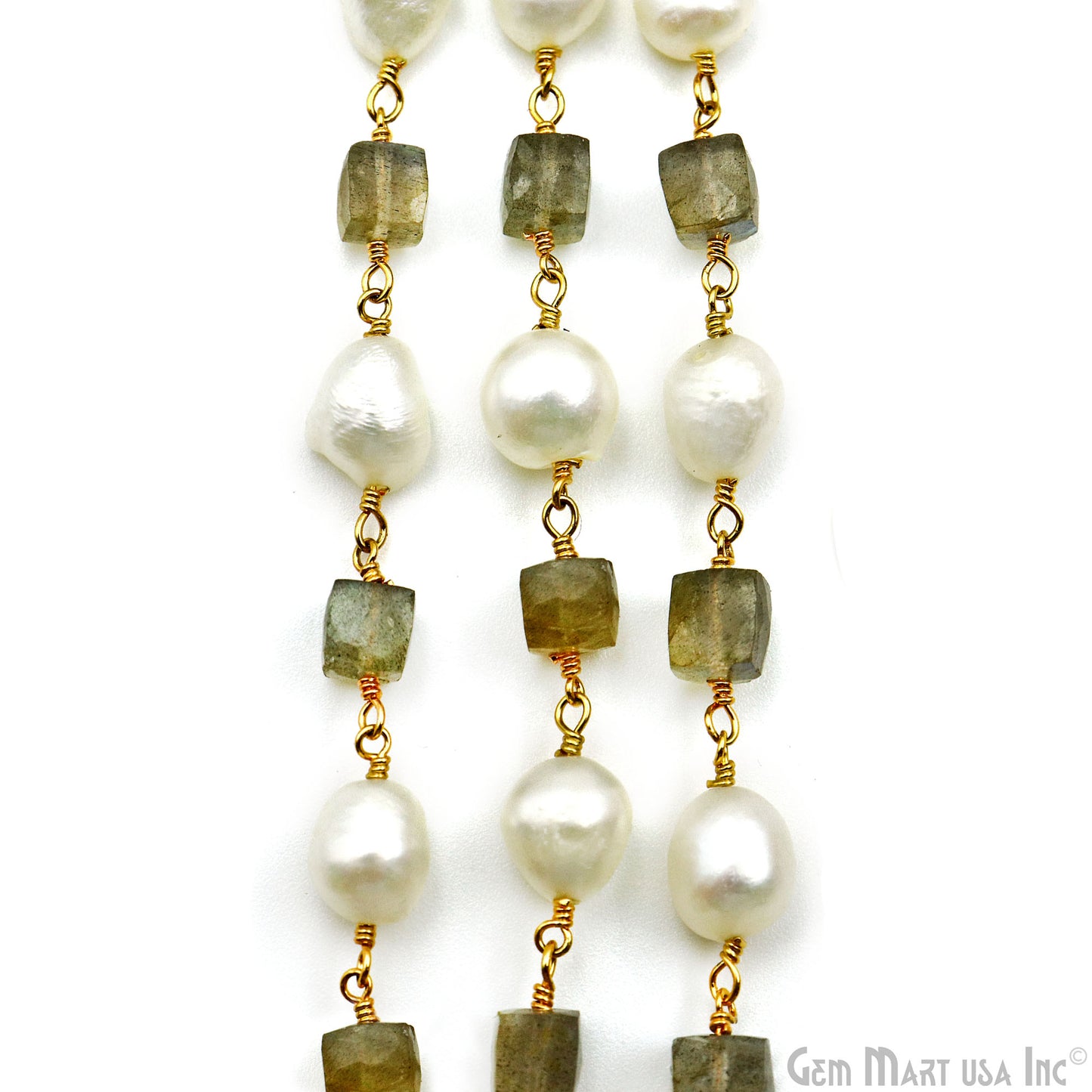 Labradorite Box Beads With Pearl freeform Beads Gold Wire Wrapped Rosary Chain