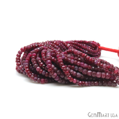 Ruby Rondelle Beads, 13 Inch Gemstone Strands, Drilled Strung Nugget Beads, Faceted Round, 3-4mm