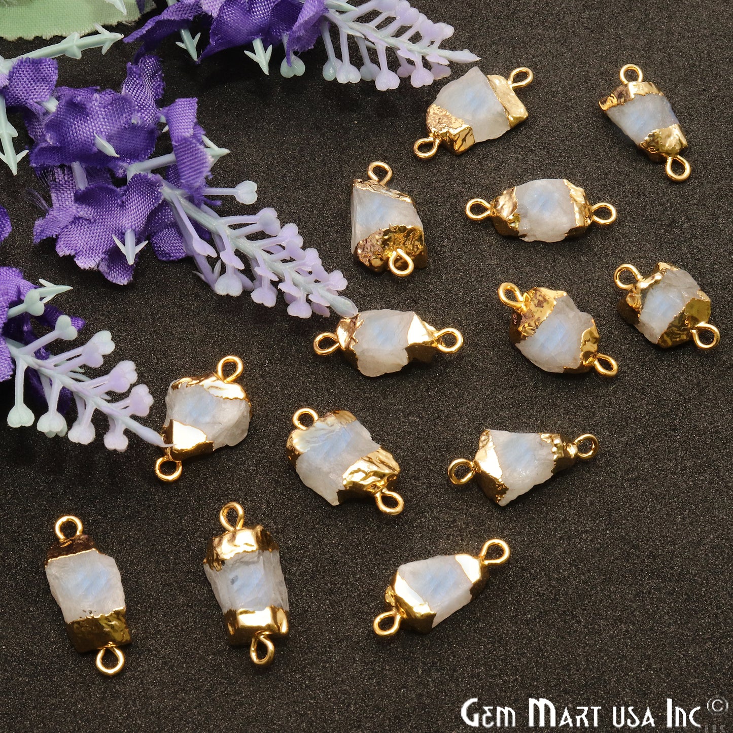 Rough Rainbow Moonstone Organic 19x10mm Gold Electroplated Pendant Connector - GemMartUSA