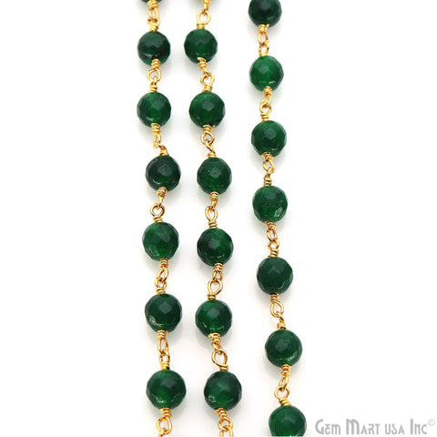 Green Jade Cabochon 6mm Beads Gold Wire Wrapped Rosary Chain