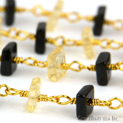 Black Spinel With Crystal Square Beads Gold Wire Wrapped Rosary Chain - GemMartUSA