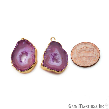 Agate Slice 26x16mm Organic Gold Electroplated Gemstone Earring Connector 1 Pair - GemMartUSA