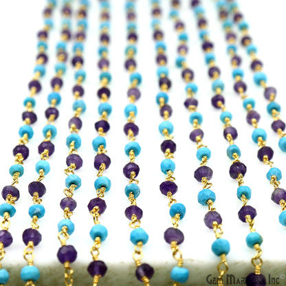 Amethyst & Turquoise 3-3.5mm Gold Plated Beaded Wire Wrapped Rosary Chain