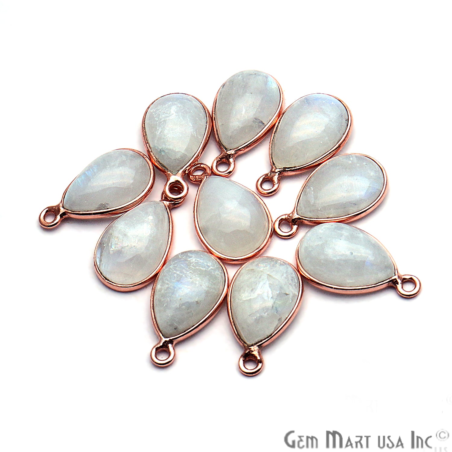 Rainbow Moonstone Cabochon Pear 8x12mm Rose Gold Bezel Connector - GemMartUSA