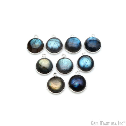 Flashy Labradorite Cabochon 13mm Round Single Bail Silver Plated Gemstone Connector