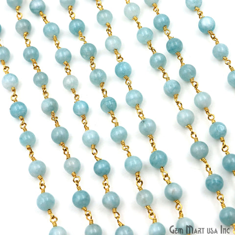 Turquoise Green Jade Cabochon Beads 6mm Gold Plated Gemstone Rosary Chain