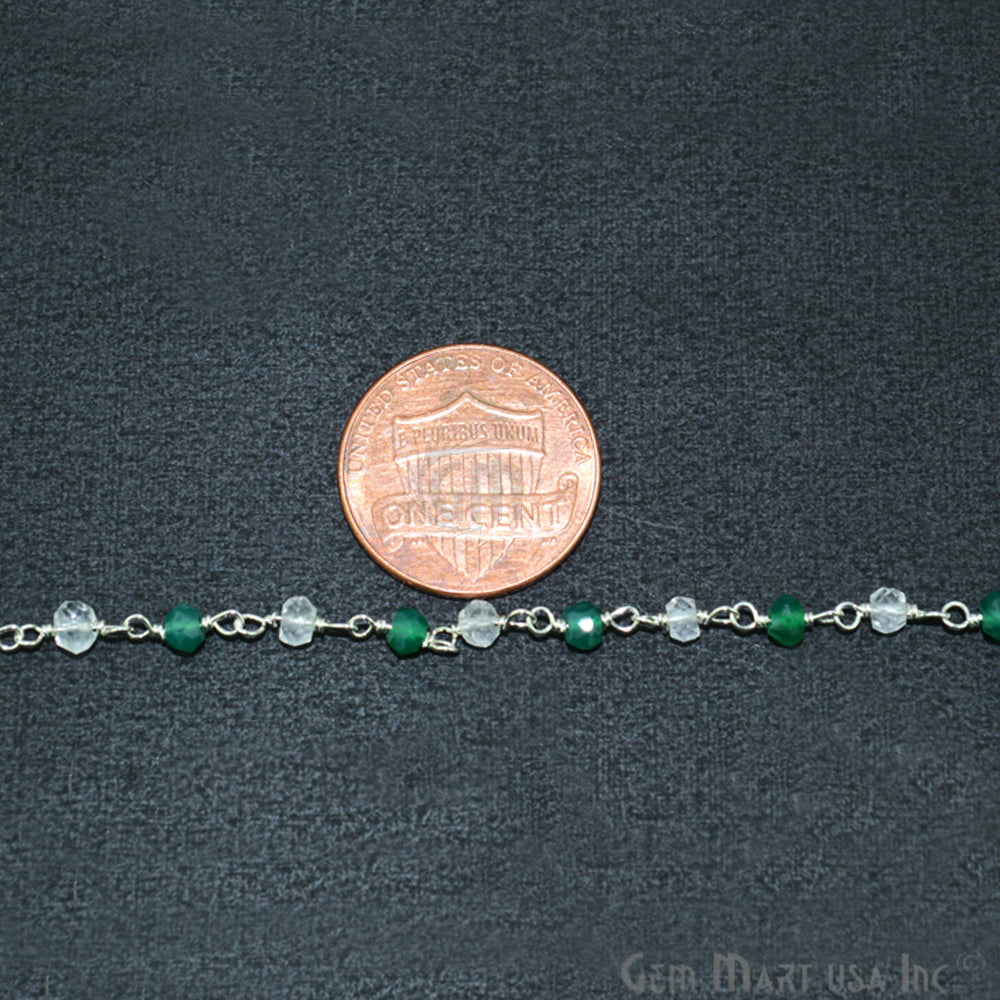 Green Onyx With Crystal Beads Silver Plated Wire Wrapped Rosary Chain