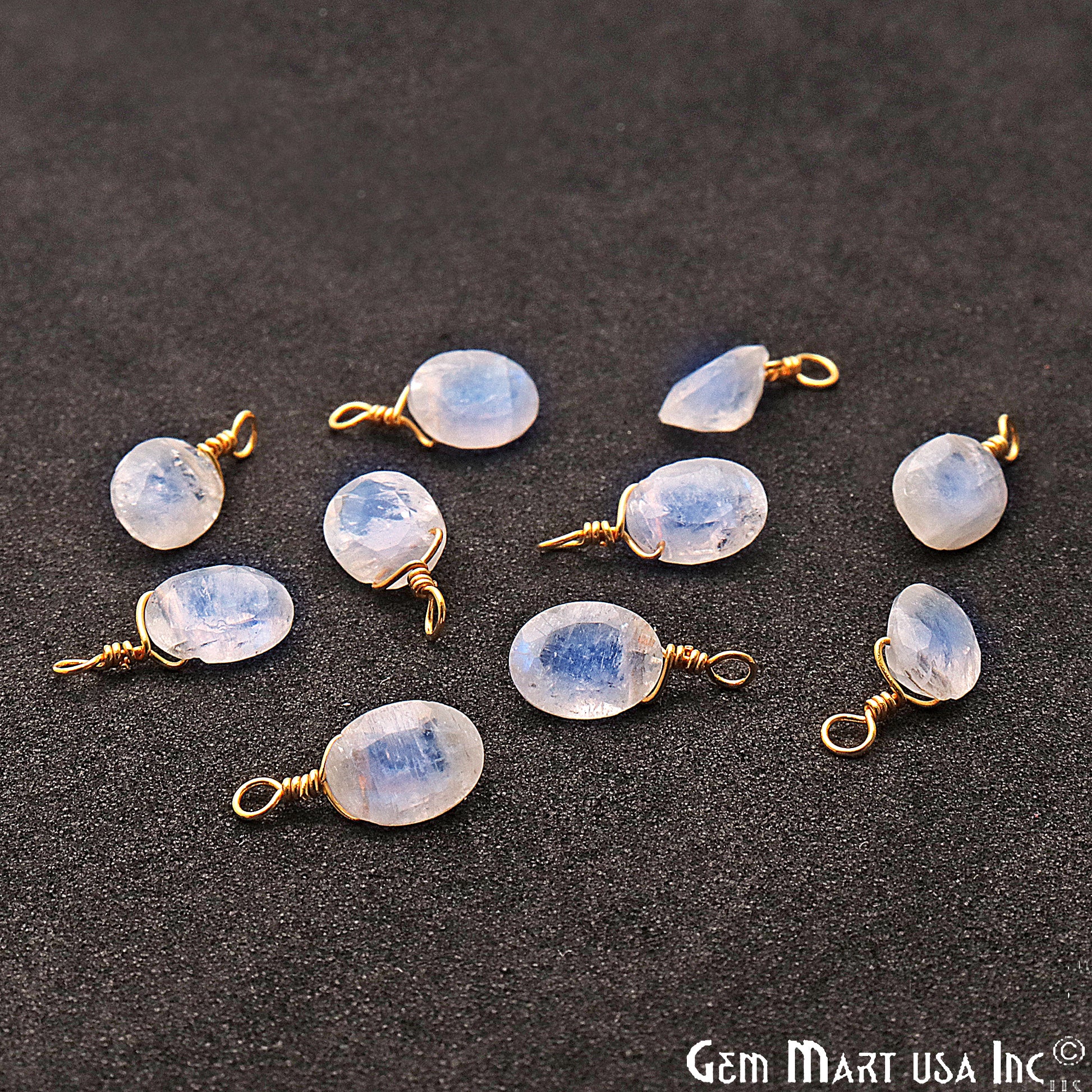 Rainbow Moonstone 6x8mm Oval Single Bail Gold Wire Wrapped Gemstone Connector - GemMartUSA