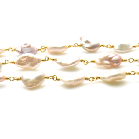 Pink Pearl Free Form 10x7mm Gold Wire Wrapped Rosary Chain