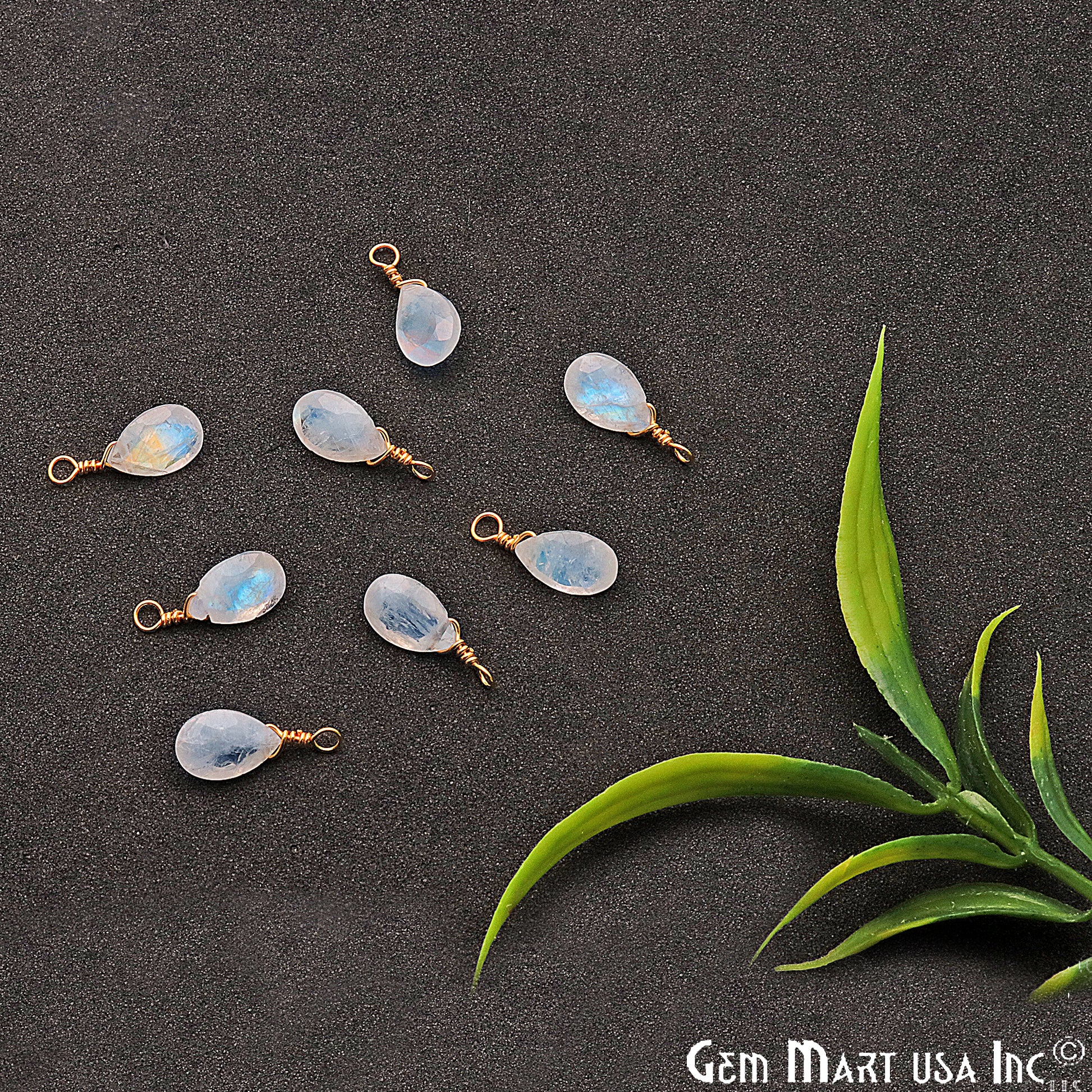 Rainbow Moonstone 6x9mm Pears Single Bail Gold Wire Wrapped Gemstone Connector - GemMartUSA