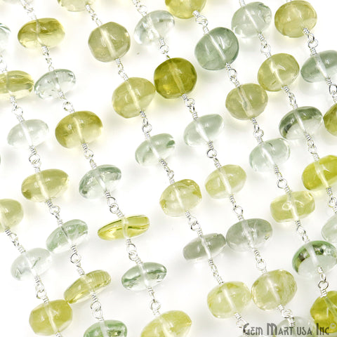 Green Amethyst & Lemon Topaz Cabochon Beads 9-10mm Silver Wire Wrapped Rosary Chain