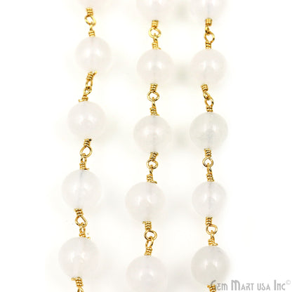 White Jade Faceted Beads 8mm Gold Plated Wire Wrapped Rosary Chain