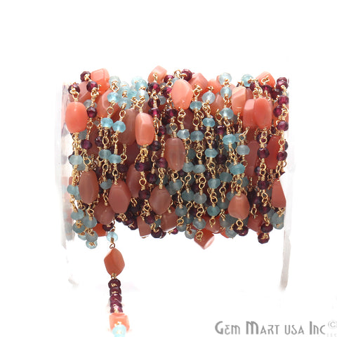 Moonstone 10x6mm Aqua Chalcedony and Rhodolite 3-4mm Beaded Gold Plated Wire Wrapped Rosary Chain - GemMartUSA