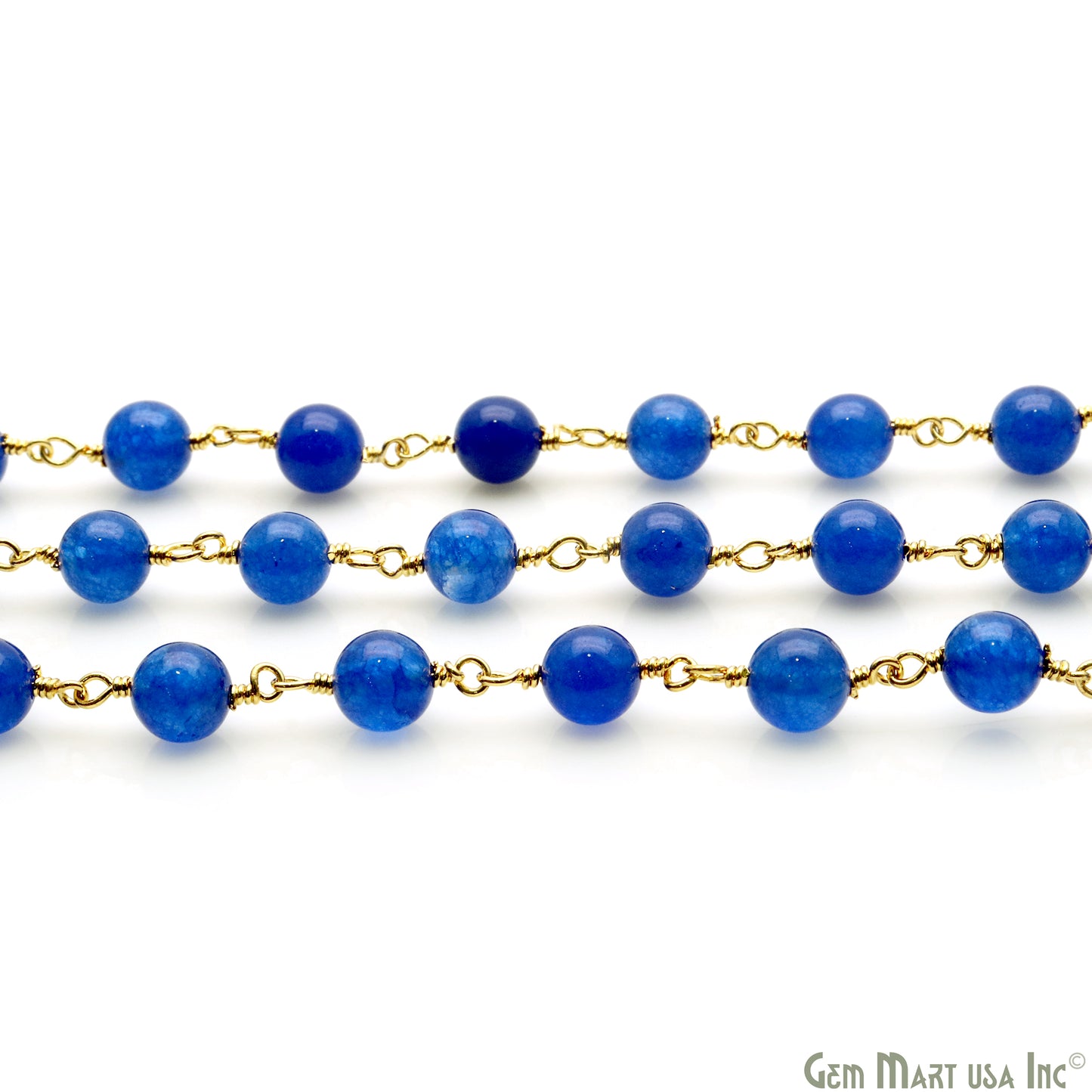 Blue Jade Cabochon Beads 6mm Gold Wire Wrapped Rosary Chain - GemMartUSA