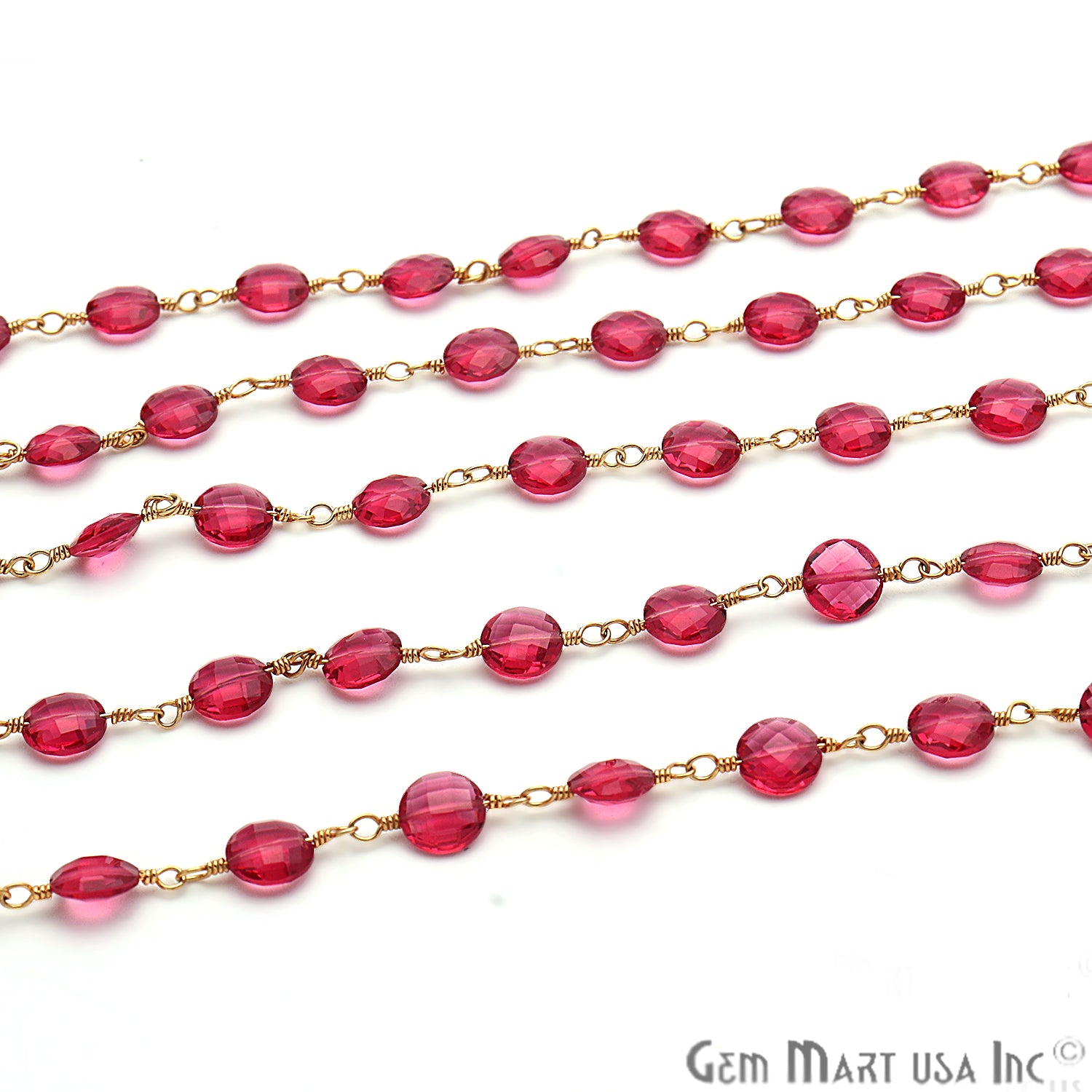 Pink Tourmaline Beads Gold Plated Wire Wrapped Rosary Chain - GemMartUSA