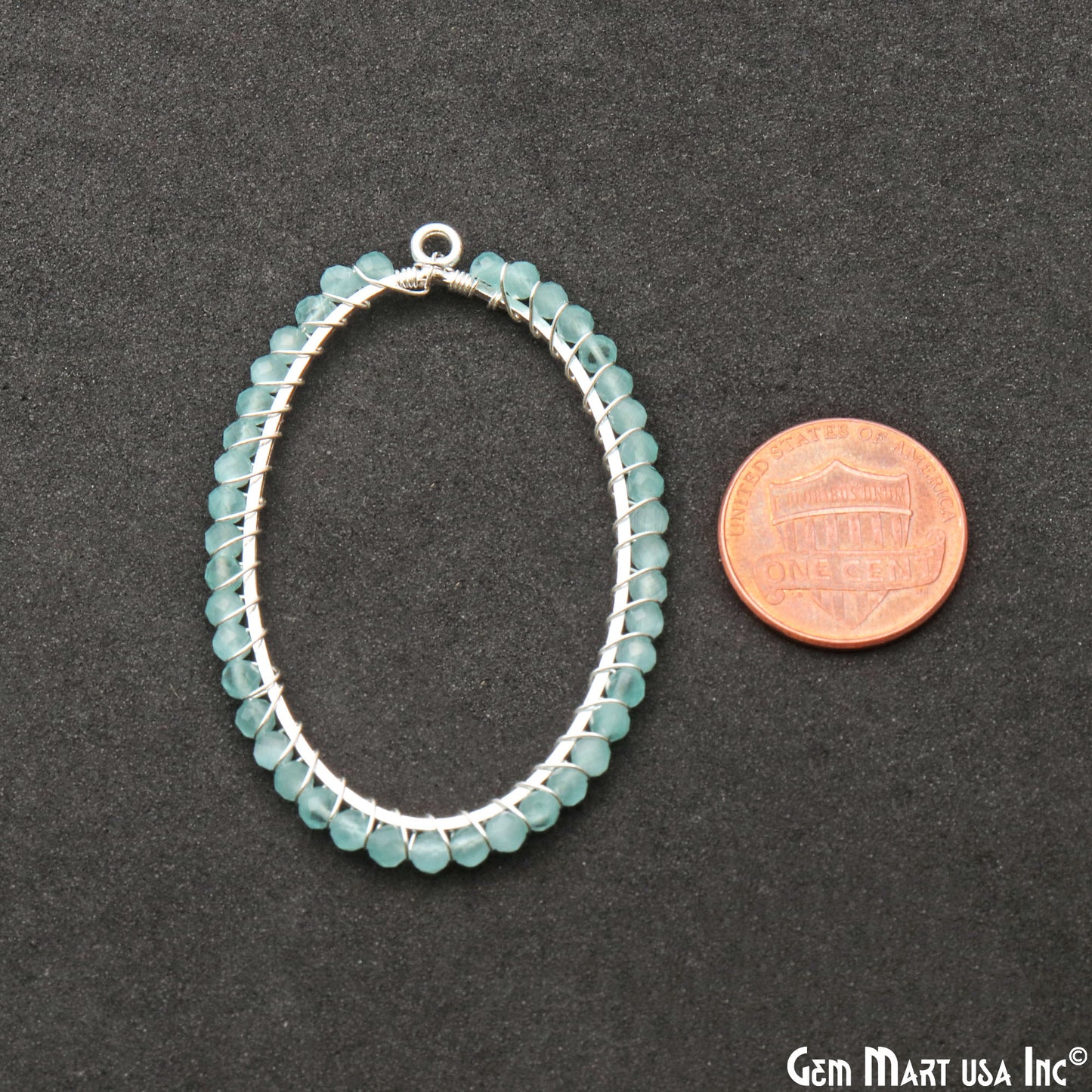 Aqua Chalcedony Oval Shape 52x35mm Silver Wire Wrapped Beads Hoop Connector