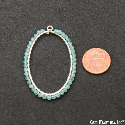 Aqua Chalcedony Oval Shape 52x35mm Silver Wire Wrapped Beads Hoop Connector