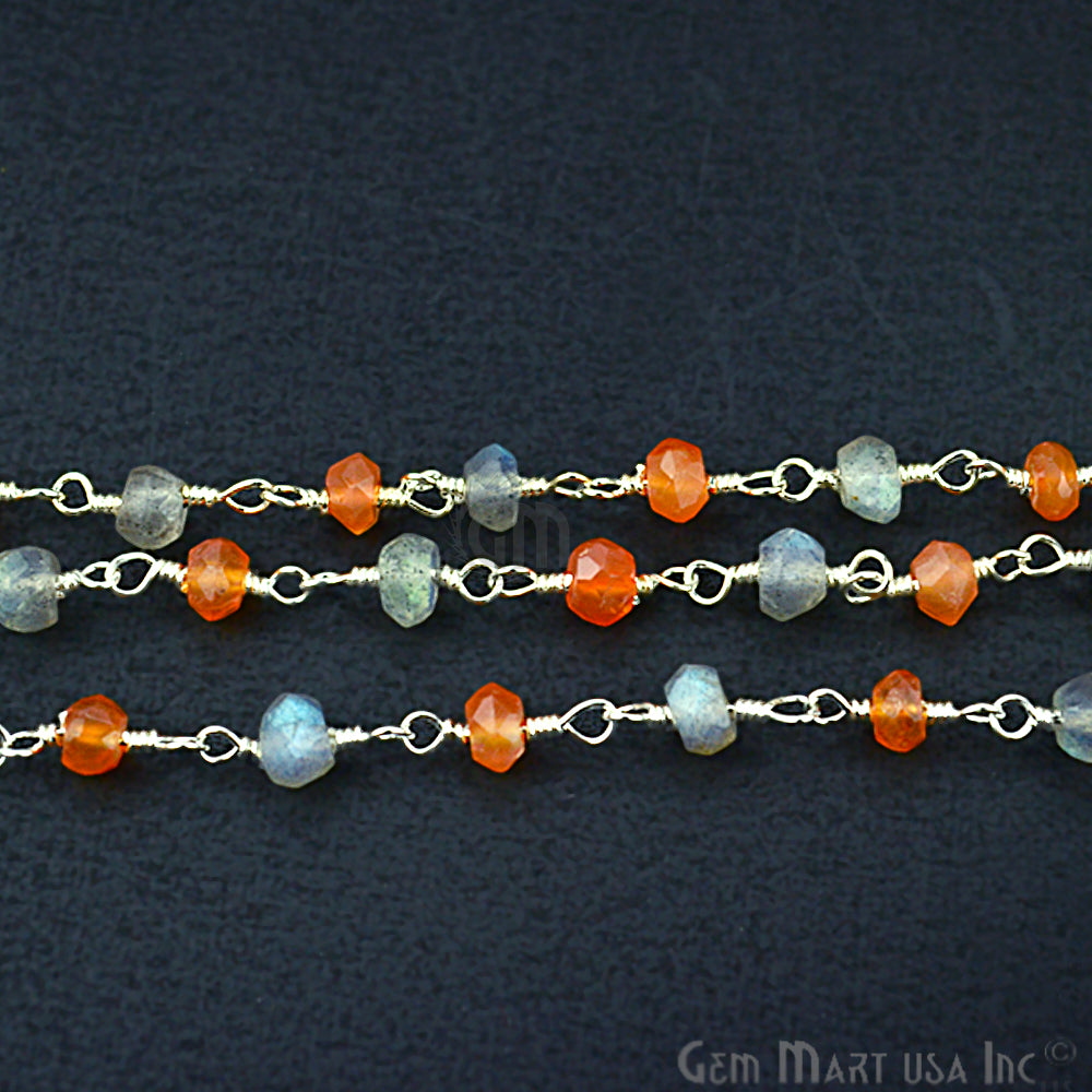 Carnelian With Labradorite Gemstone Beaded Silver Wire Wrapped Rosary Chain