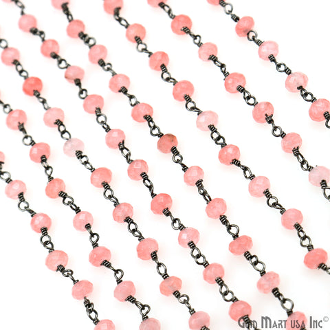Pink Peach Jade Faceted 4mm Beads Oxidized Wire Wrapped Rosary Chain