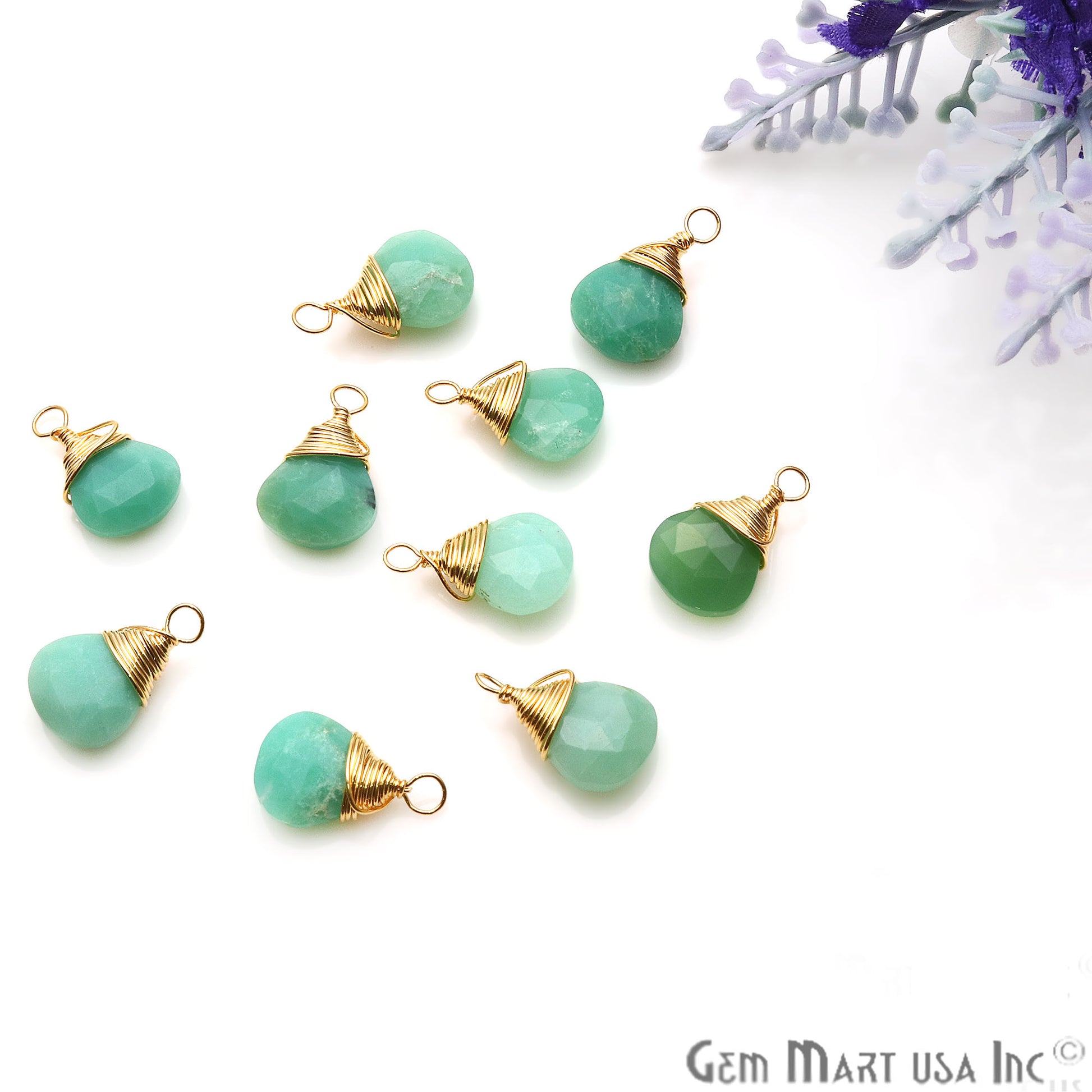 Chrysoprase Drop 15x9mm Gold Wire Wrapped Gemstone Connector - GemMartUSA