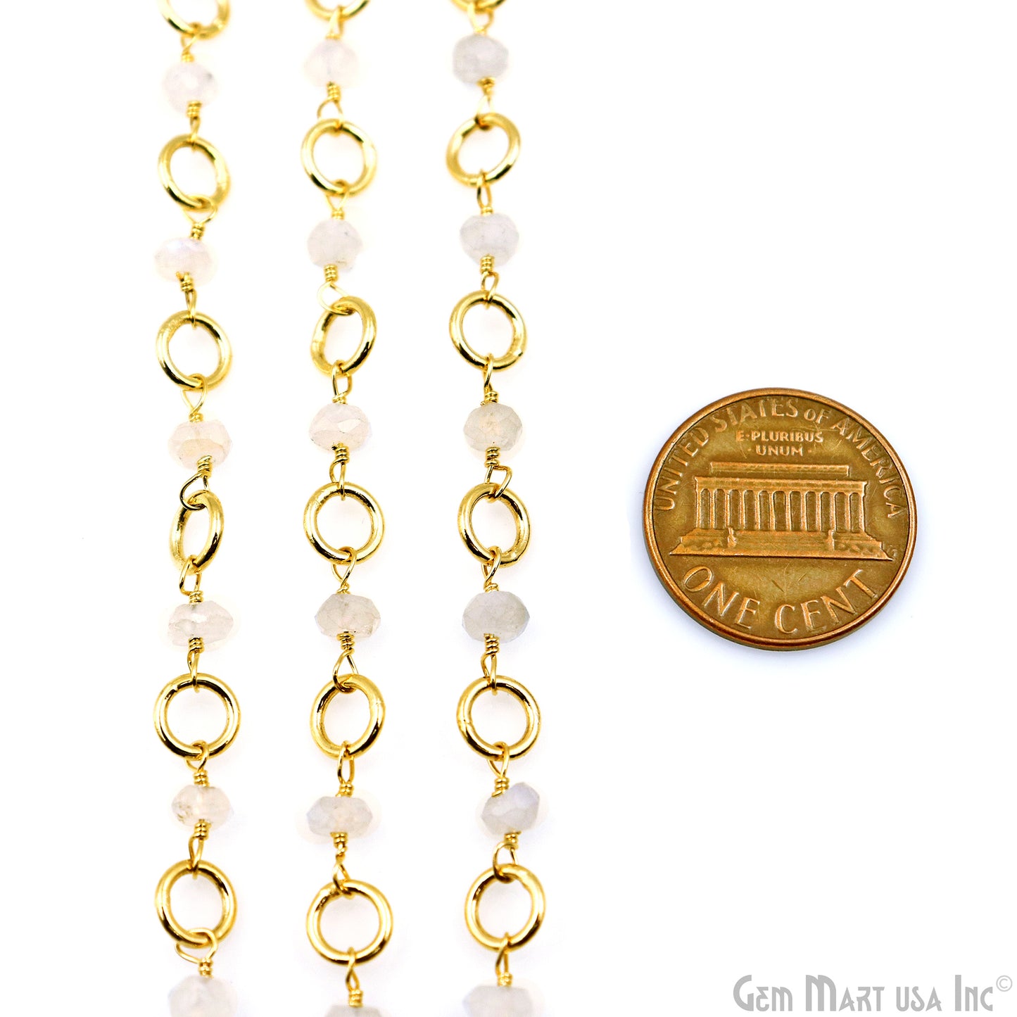 Rainbow Moonstone With Gold Plated Round Finding Rosary Chain