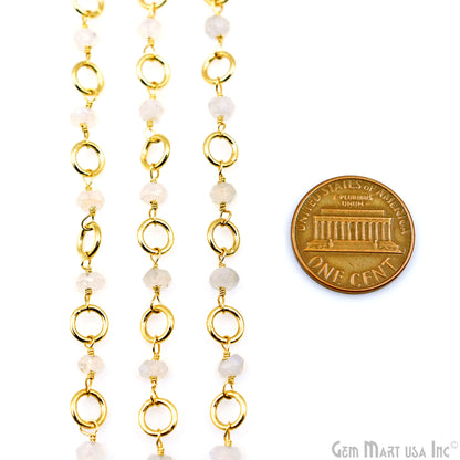 Rainbow Moonstone With Gold Plated Round Finding Rosary Chain