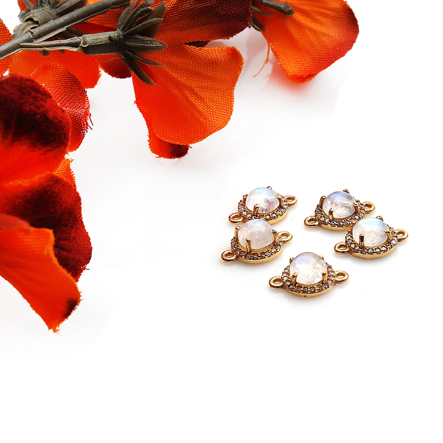 Rainbow Moonstone Cabochon & Cubic Zirconia 6mm Round Gold Plated Double Bail Connector - GemMartUSA