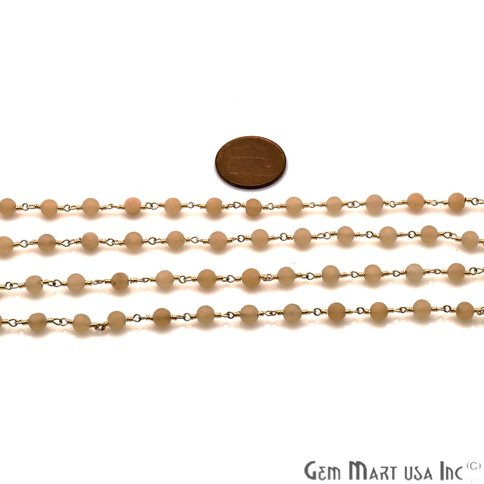 Sand Chalcedony 4mm Round Gold Plated Wire Wrapped Matte Beads Rosary Chain - GemMartUSA