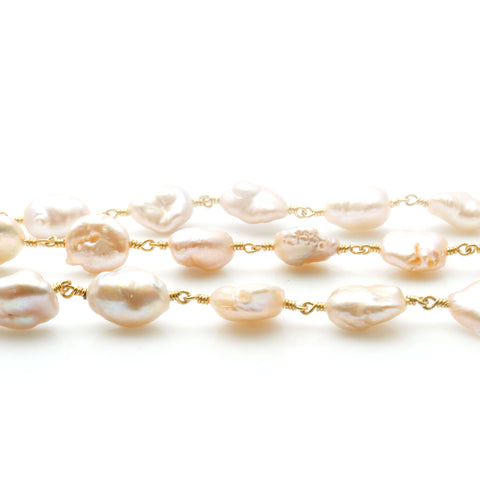 Pink Pearl Free Form 13x11mm Gold Wire Wrapped Rosary Chain