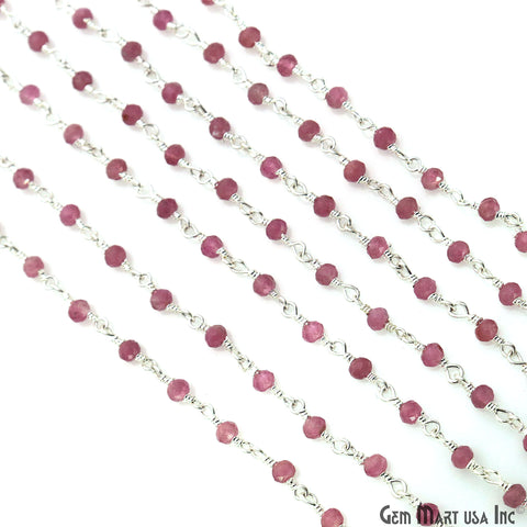 Pink Tourmaline Gemstone Silver Wire Wrapped Bead Rosary Chain