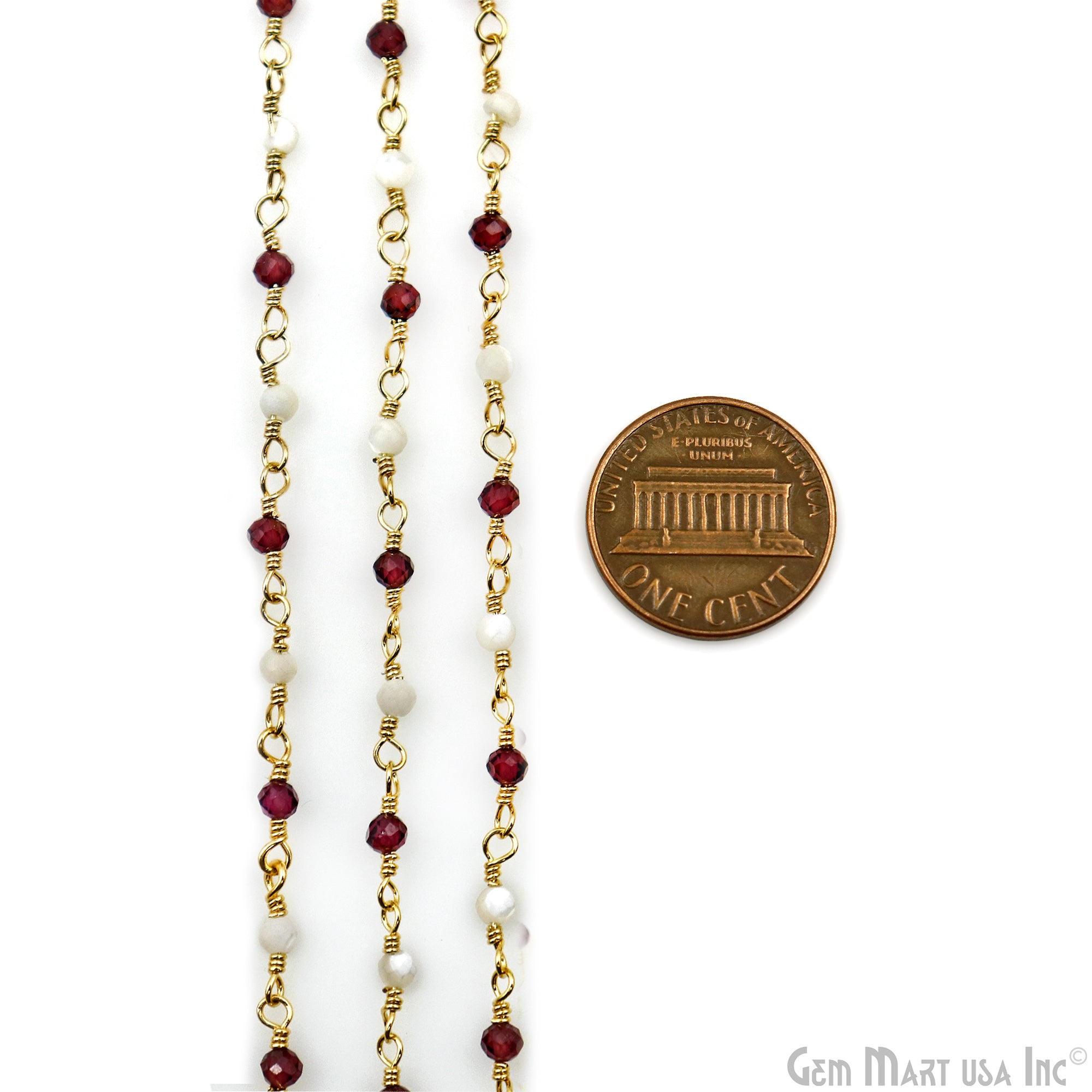 Rhodolite & Mother Of Pearl Gold Plated Wire Wrapped Gemstone Beads Rosary Chain