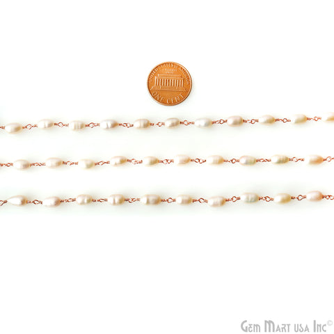Pearl Oval 7x5mm Rose Gold Plated Wire Wrapped Gemstone Rosary Chain