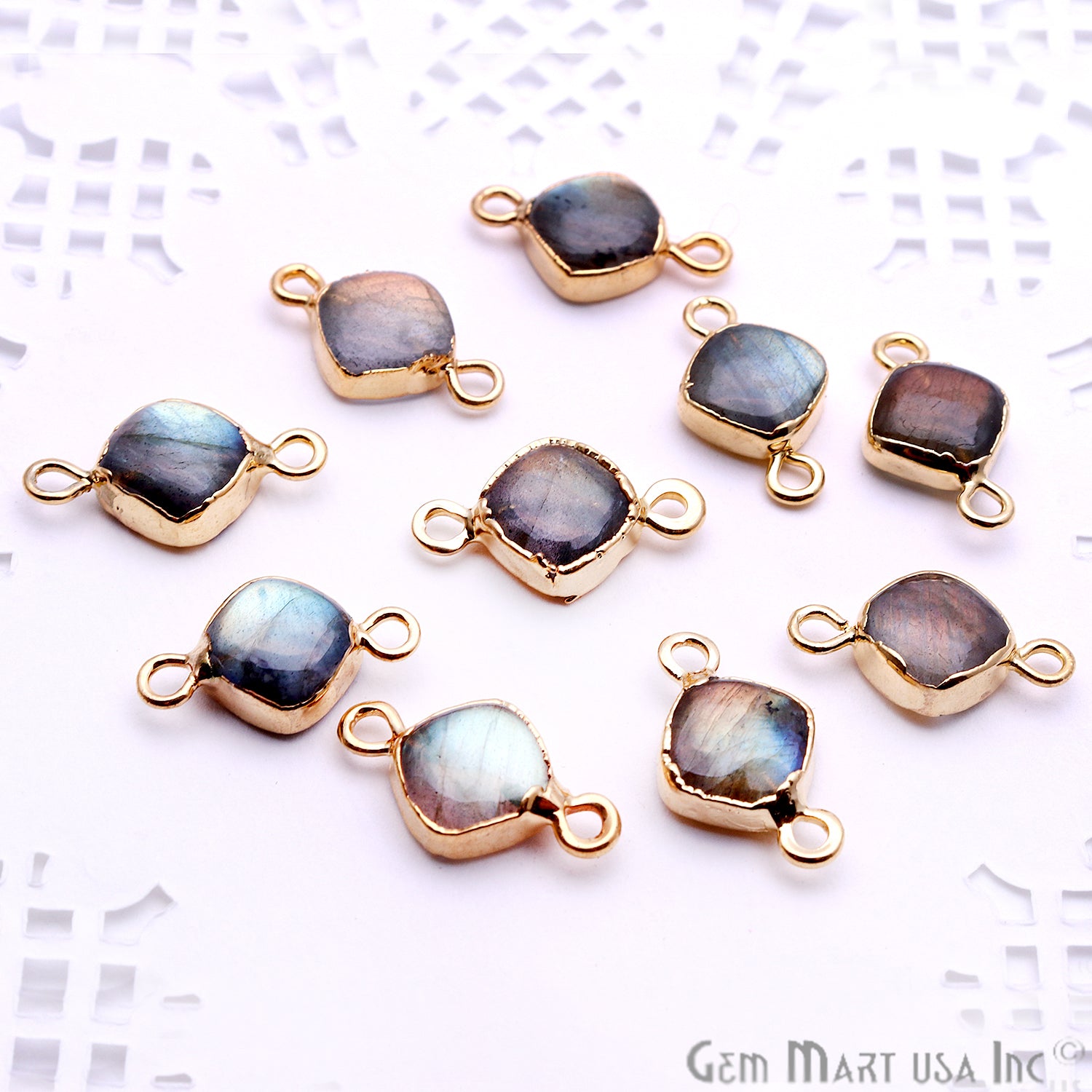 Flashy Labradorite 8mm Cushion Shape Gold Electroplated Double Bail Connector - GemMartUSA