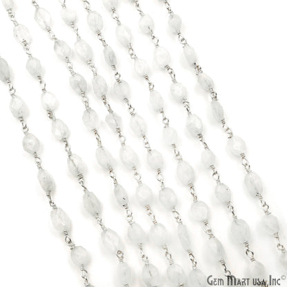 Rainbow Moonstone Faceted Beads 6x8mm Silver Wire Wrapped Rosary Chain