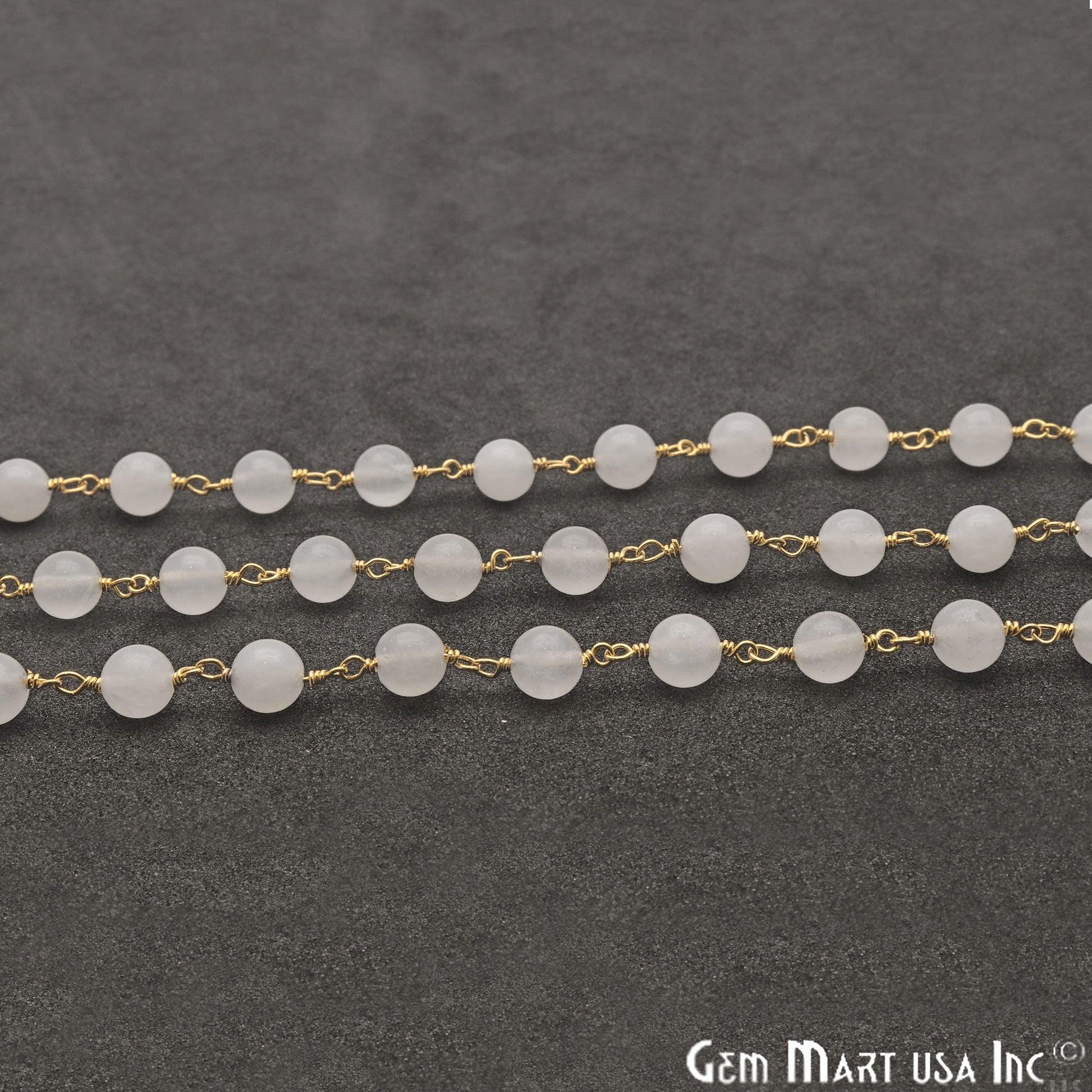 White Jade Smooth Beads 6mm Gold Plated Wire Wrapped Rosary Chain - GemMartUSA