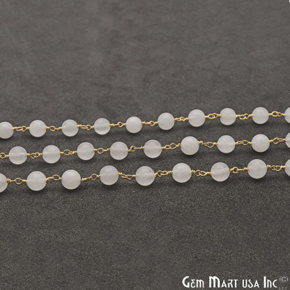 White Jade Smooth Beads 6mm Gold Plated Wire Wrapped Rosary Chain - GemMartUSA